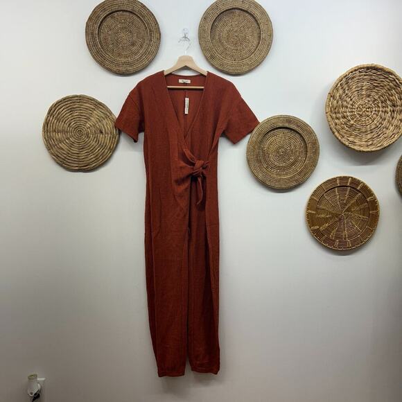 NEW Madewell Orange V-Neck Short Sleeve Textured Knit Tie Knot Jumpsuit XS - Picture 2 of 7